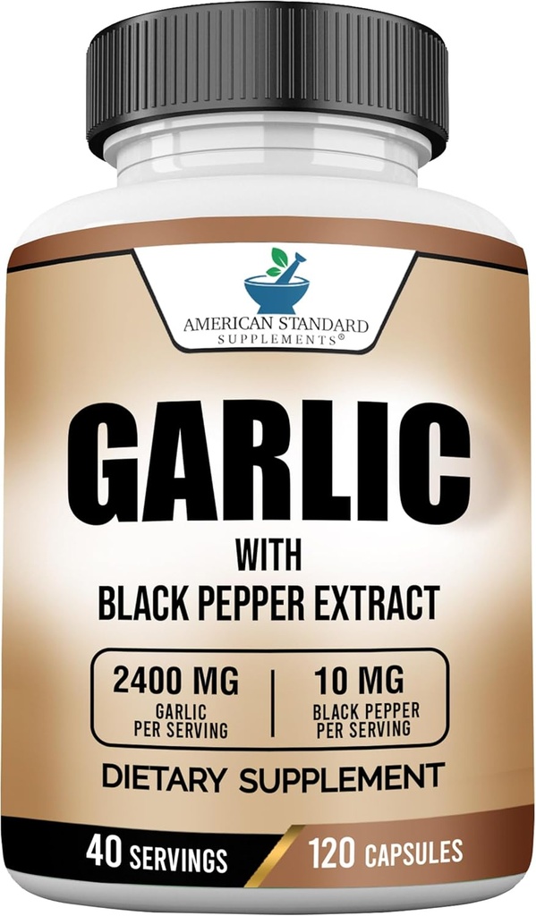 Amerikanske Standard Kosttilskud Hvidløg 2400mg Per Servering med Black Pepper Fruit Extract - Vegan, Gluten Free, Non- GMO, 120 Kapsler, 40 Servere