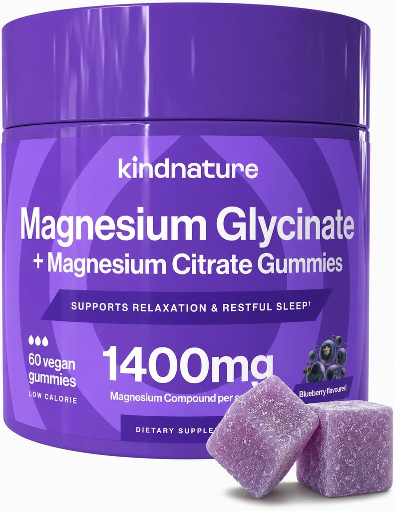 kindnature Magnesium Glycinate & Citrate Gummies – Calm Magnesium Complex for Sleep, Stress, Cramps & Digestion – Chewable Vegan Magnesium Supplement for Women, Teens, Adults – 60 Ct