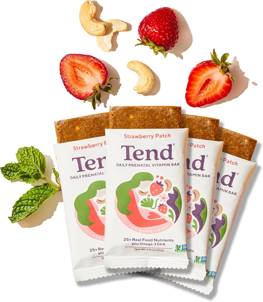 Tend Daily Best Prenatal Vitamin Bar, Lavet med økologiske ingredienser til Gravid & Postpartum Mødre, Inkluderer DHA, D-vitamin, B, Cholin, Folate - Strawberry Patch (4ct)