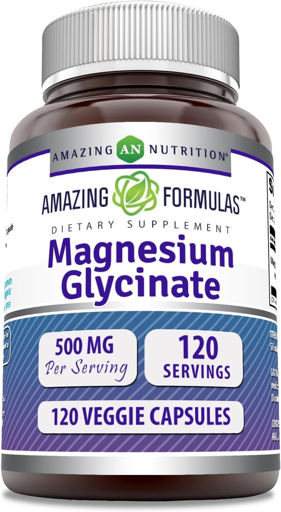 Amazing Formulas Magnesium Glycinate 500 Mg • 124; Veggie Kapsler Supplement • 124; Non- GMO • 124; Gluten- fri • 124; Lavet i USA (Unflavored, 120 Count)