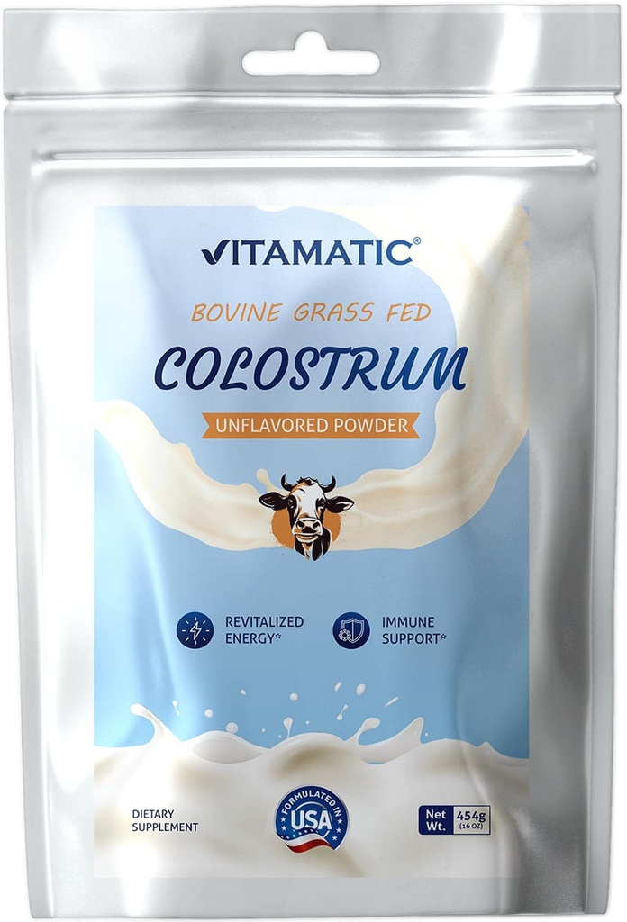 Vitamatic Bovine Colostrum 30% IgG Powder 16 OZ (454 Gram) - Supplement til Gut Sundhed, Hårvækst, Skønhed, Muskel Inddrivelse, & immunforsvar - Let at blande - (Unflavored)