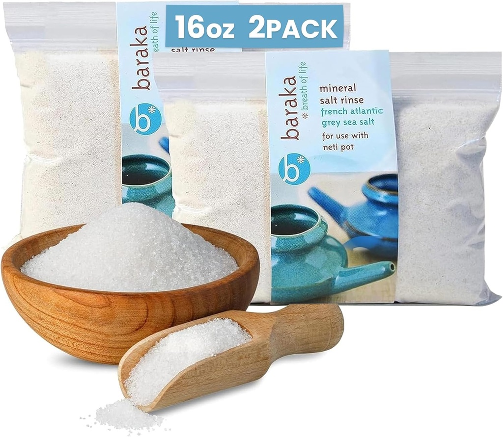 Baraka Ceramic Neti Pot Sinus Rinse with Mineral Sea Salt - Saline Solution - Pair with Your Ceramic Neti Pot - Sinus Care Rinse - Nose Rinse - Nasal Salt - Mineral Sea Salt Rinse (16 oz - 2 Pack)