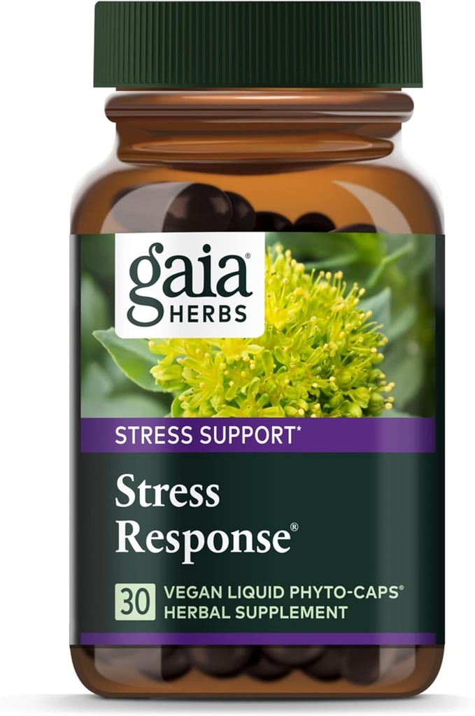 Gaia urter Stress Response Kosttilskud - Understøtter afspænding - med Rhodiola, Holy Basil, Ashwagandha & mere - 30 Vegansk flydende Phyto- kapsler (15 Servere)