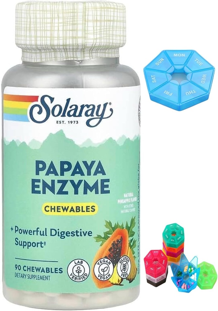 Lavet til Solaray, Papaya Enzyme, Natural Ananas, 90 Chewables + Bonus 1 Mini Pill Box for 7 dage