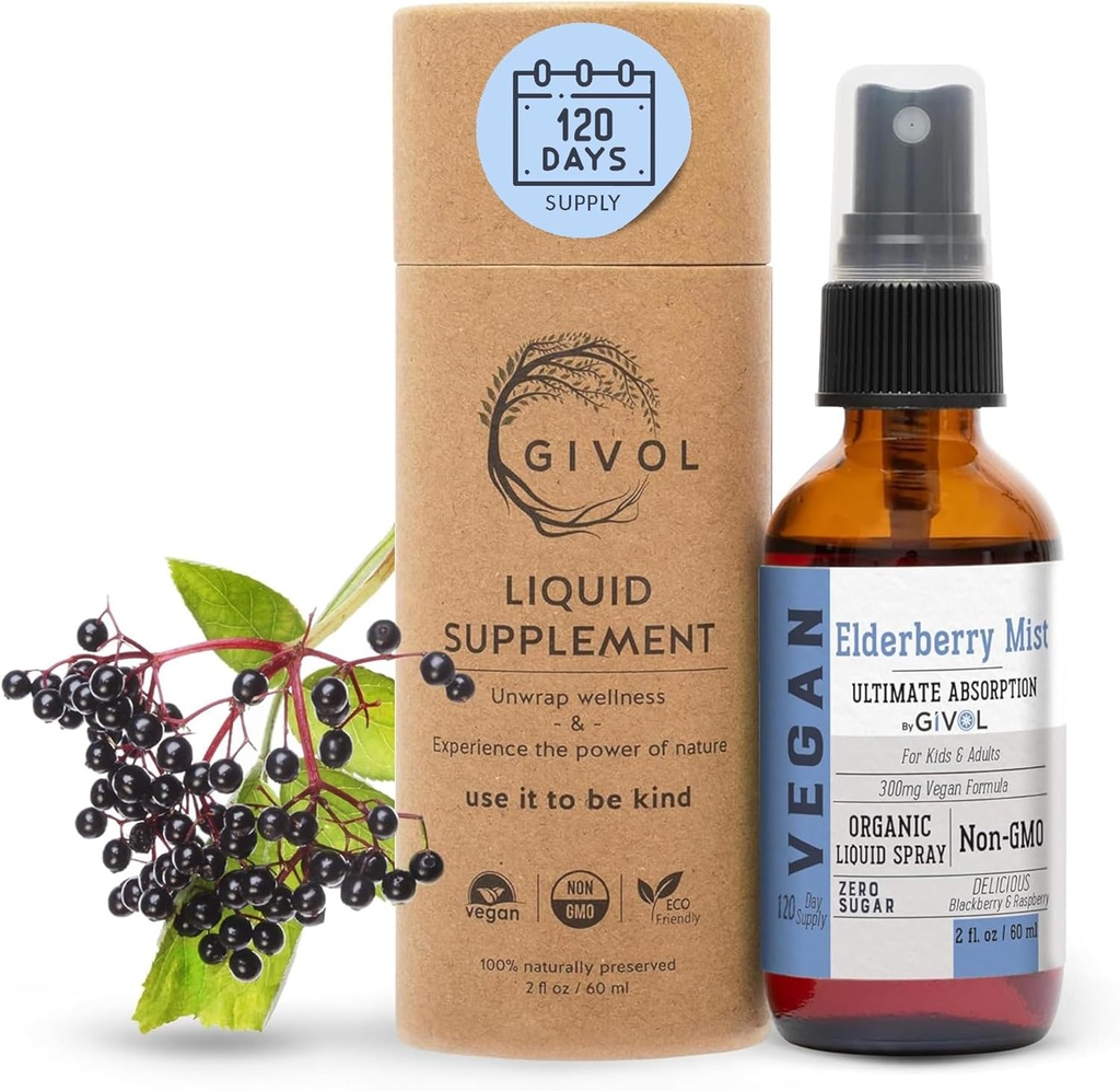 Organic Elderberry Mist (Sambucus Nigra) Liquid Extract - Extra Strength immunboost for børn og voksne - High Flavonoid Nivels, Easy Absorption, Non- GMO, Vegan - 120- Day Supply