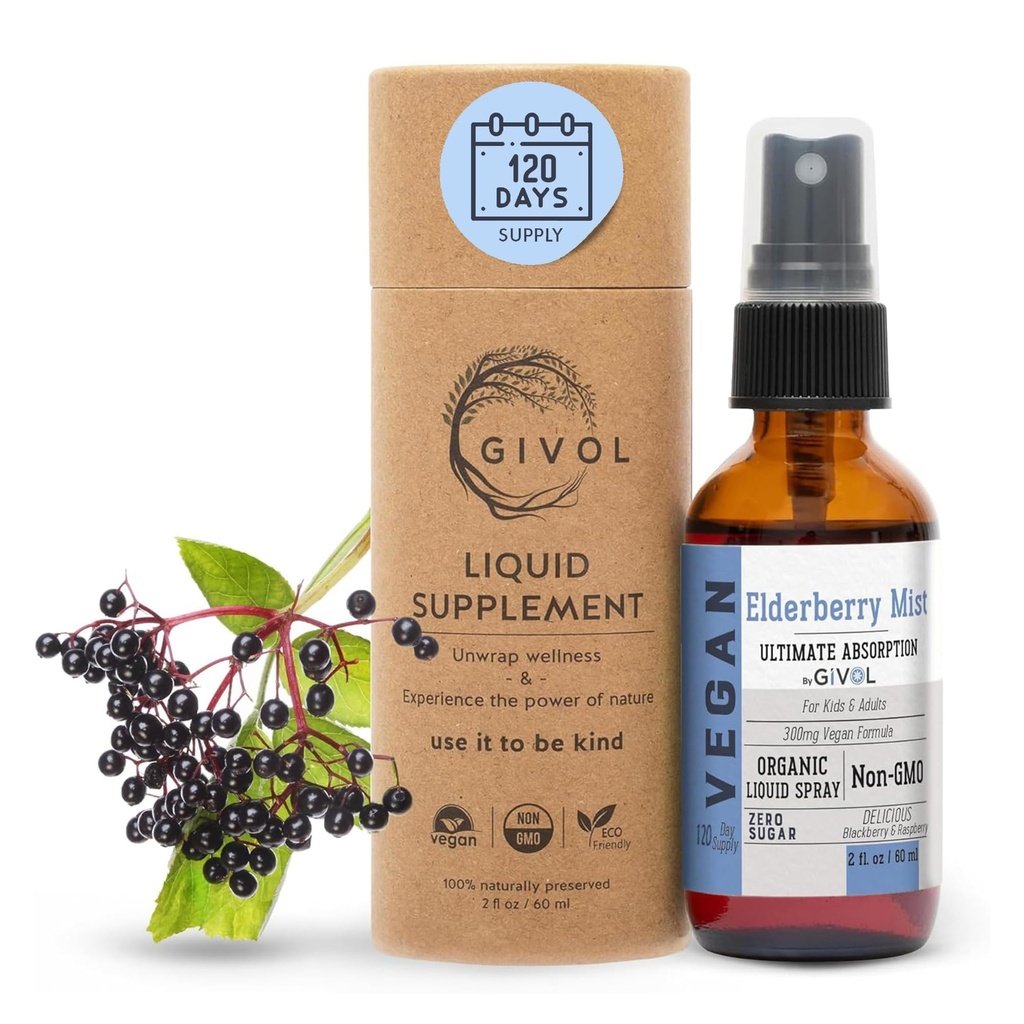 Organic Elderberry Mist (Sambucus Nigra) Liquid Extract - Extra Strength immunboost for børn og voksne - High Flavonoid Nivels, Easy Absorption, Non- GMO, Vegan - 120- Day Supply
