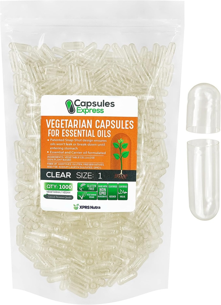XPRS Nutra Størrelse 1 Tomme Veganske Kapsler - 1000 Grev Clear Veggie Kapsler til Mest Væsentlige Olier - Tomme Vegetabilske Piller - DIY Oil Fyldning