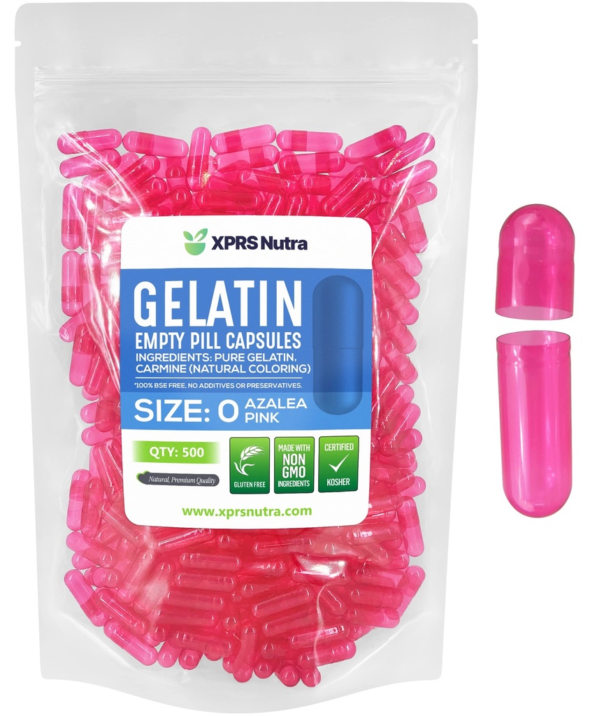 XPRS Nutra Størrelse 0 Tomme kapsler - 500 Tomme Gelatine kapsler - Piller gør det - Pure Bovin Pil Gel Caps til Do- It- Yourself kosttilskud (Azalea Pink)