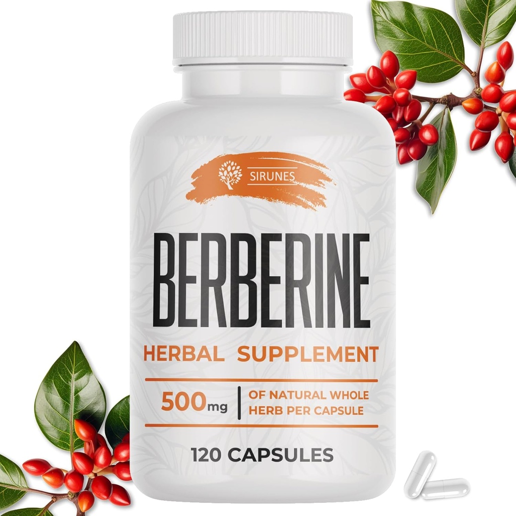 SIRUNES Berberine Supplement - Berberine HCL Kosttilskud til mænd og kvinder - ikke GMO Berberine 500mg - Ideel til immunforsvar, hjerte, Cholesterol Niveau 120 kapsler