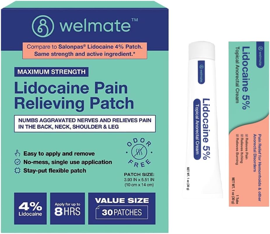 WELMATE Ultimate Pain Relief Duo: 4% Lidocain Numbing Patch (30 Ct) & 5% Lidocain Cream (1 Oz)