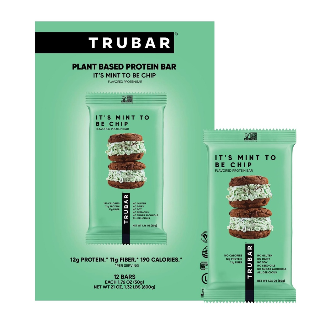 TRUBAR Vegan Protein Bars - Soy Free, Dairy Free, Gluten Free Protein Bars - Ingen sukkeralkoholer - Non-GMO - 12g Protein - Det er Mint To Be Chip - 12 Greve