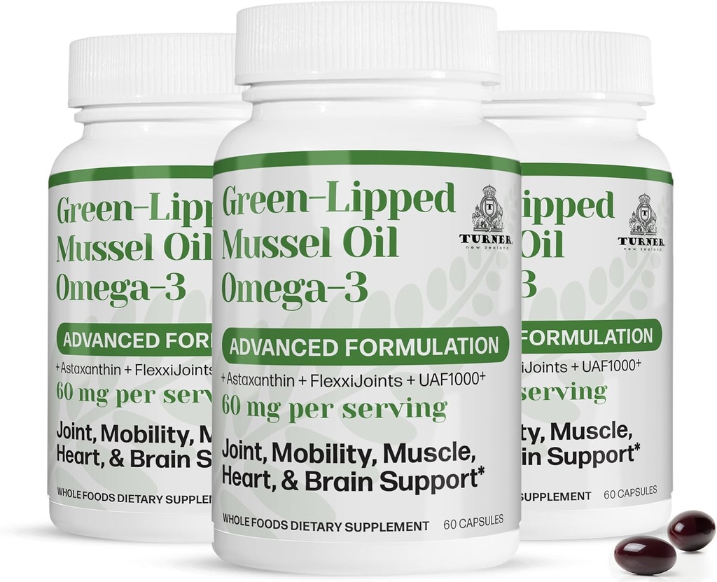 TURNER New Zealand Green Lipped Omega-3 Mussel Oil, 53x Højere potens med UAF1000 + Super Antioxidant. Ingen fisk eftersmag, 3 flasker, 180 bløddele