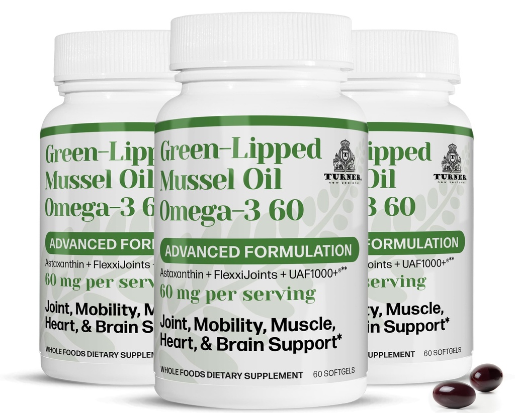TURNER New Zealand Green Lipped Omega-3 Mussel Oil, 53x Højere potens med UAF1000 + Super Antioxidant. Ingen fisk eftersmag, 3 flasker, 180 bløddele