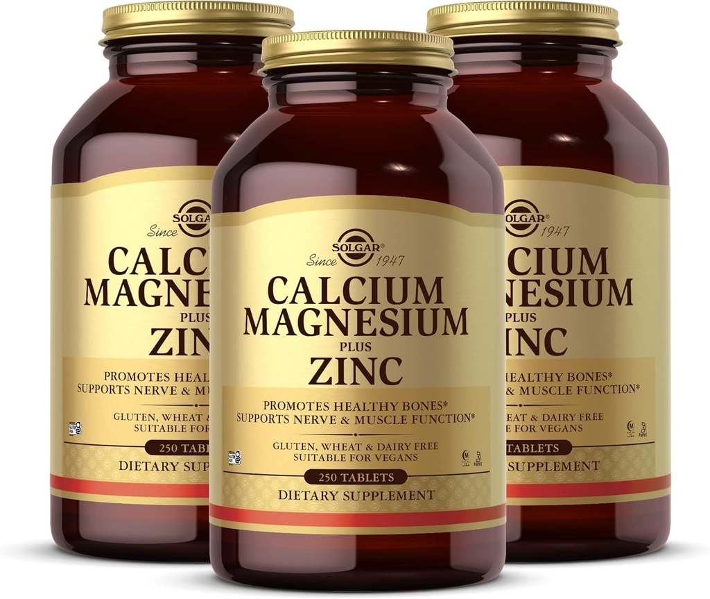 Solgar Calcium Magnesium Plus Zink - 250 tabletter, pakke med 3 - fremmer sunde knogler, understøtter nerve & muskel funktion - non-GMO, Vegan, Gluten Free - 250 Total Servering