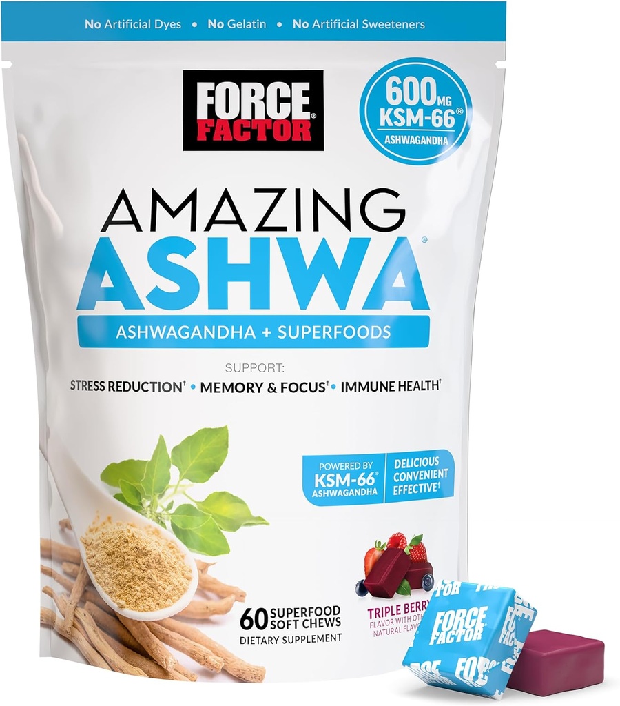 Force Factor Amazing Ashwa til stress Relief, hukommelse, fokus og immunforsvar sundhed, Ashwaganda tillæg med KSM- 66 Ashwagandha til stress, 60 bløde tygger