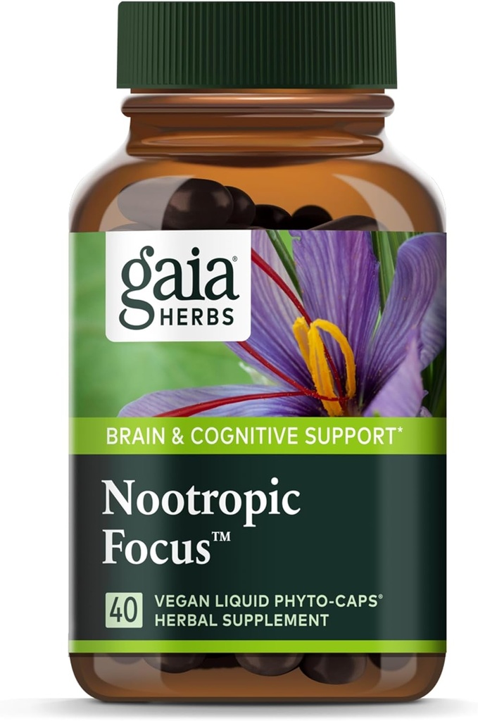 Gaia urter Nootrop Focus - hjerne & kognitiv support supplement til at hjælpe med at opretholde sund koncentration * - med safran, Lemon Balm & Spearmint - 40 flydende Phyto- kapsler (op til 20-dages forsyning)