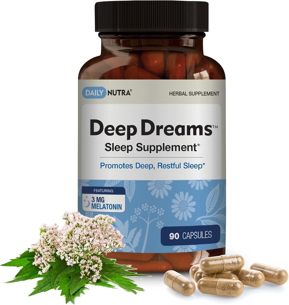 Deep Dreams ~ Natural Sleep Supplement - fremmer dyb, rolig søvn - Blend af Melatonin, L- Tryptophan, Apigenin, Valerian, Kamille, & Passionflower (90 Kapsler)