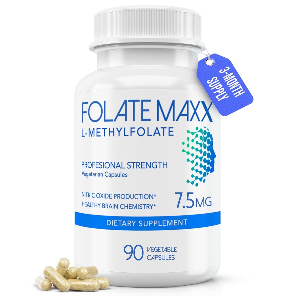 FolateMaxx L- methylfolat 7, 5 mg, 90 kapsler - Doctor Formuleret methylfolat tillæg for kvinder & mænd - Høj potens 5- MTHF for energi, mad & fokus - ikke-GMO, gluten- fri (3-måned Tilgang)