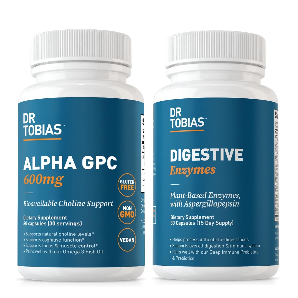 Dr. Tobias Alpha GPC & Digestive Enzymes - Support Cognitive Function & Everyday Gut Health with Bioavailable Choline Supplement & Premium Enzymes for Digestion, Non-GMO