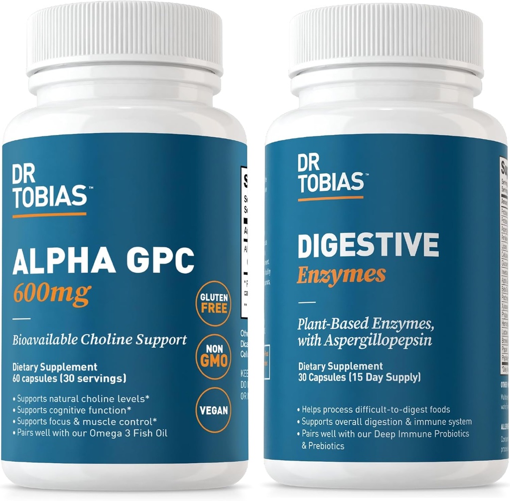 Dr. Tobias Alpha GPC & fordøjelsesenzymer - Support Cognitive Function & Everyday Gut Health med biotilgængelig cholin supplement & Premium enzymer til fordøjelse, non-GMO