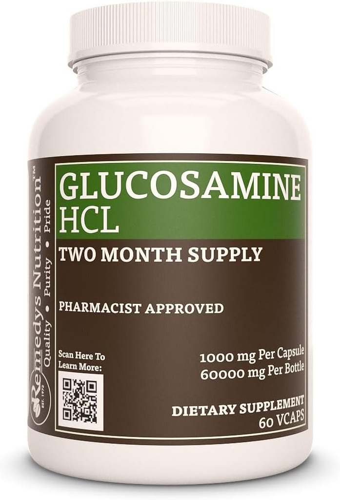 Remedy 's Nutrition Glucosamin HCL124; 1000 mg, 60 Vegan Kapsler Kosttilskud 124; Two Month Supply