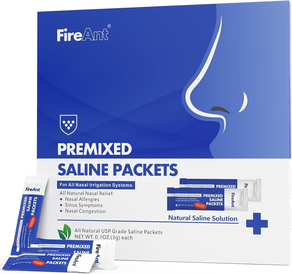 FireAnt Saline Pakker til Sinus Rinse, 100 Premixed Neti Pot Salt Packet til Nasal Rinse, Sinus Rinse Pakker til Nasal Vandingssystem, PH Balanceret - Slate Blue