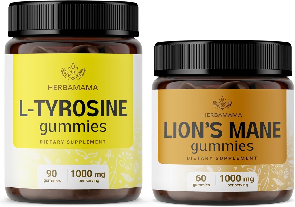 HERBAMAMA L- Tyrosin and Lions Mane Kit - Bundle of 1000 mg L- Tyrosine & 1000 mg Lions Mane Gummies - Vegan, Non- GMO, Gelatin- Free - 2 Pack