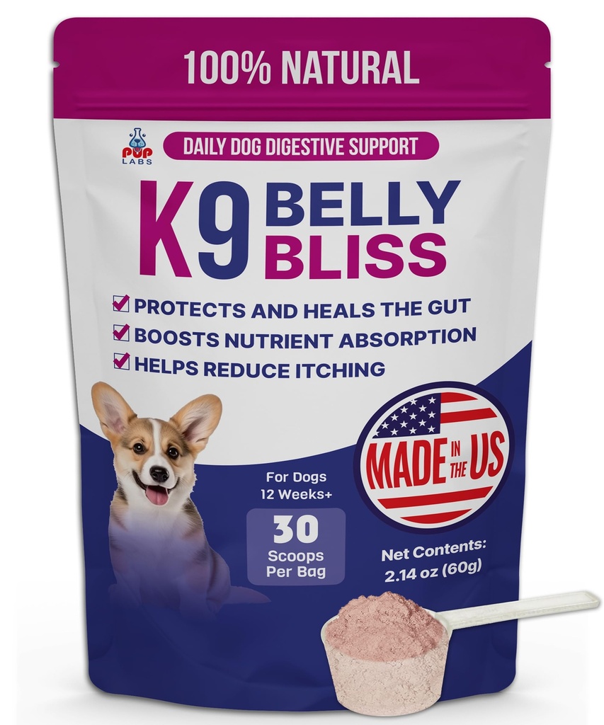 K9 Belly Bliss, All- Natural Gut Sundhed for Hunde, Vet Godkendt Prebiotic for Hunde til daglig fordøjelsesstøtte og hundeforstoppelse Relief, Let at bruge Topper til Tør og Våd Mad, 30 Scoops.