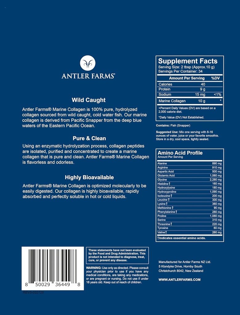 Antler Farms - 100% Ren, ren Marine Collagen pulver fra vild fanget Pacific Snapper, 12 oz - Opløseligt i varme eller kolde væsker, Højt biotilgængeligt, Rapid Absorption, Ingen smag eller lugt