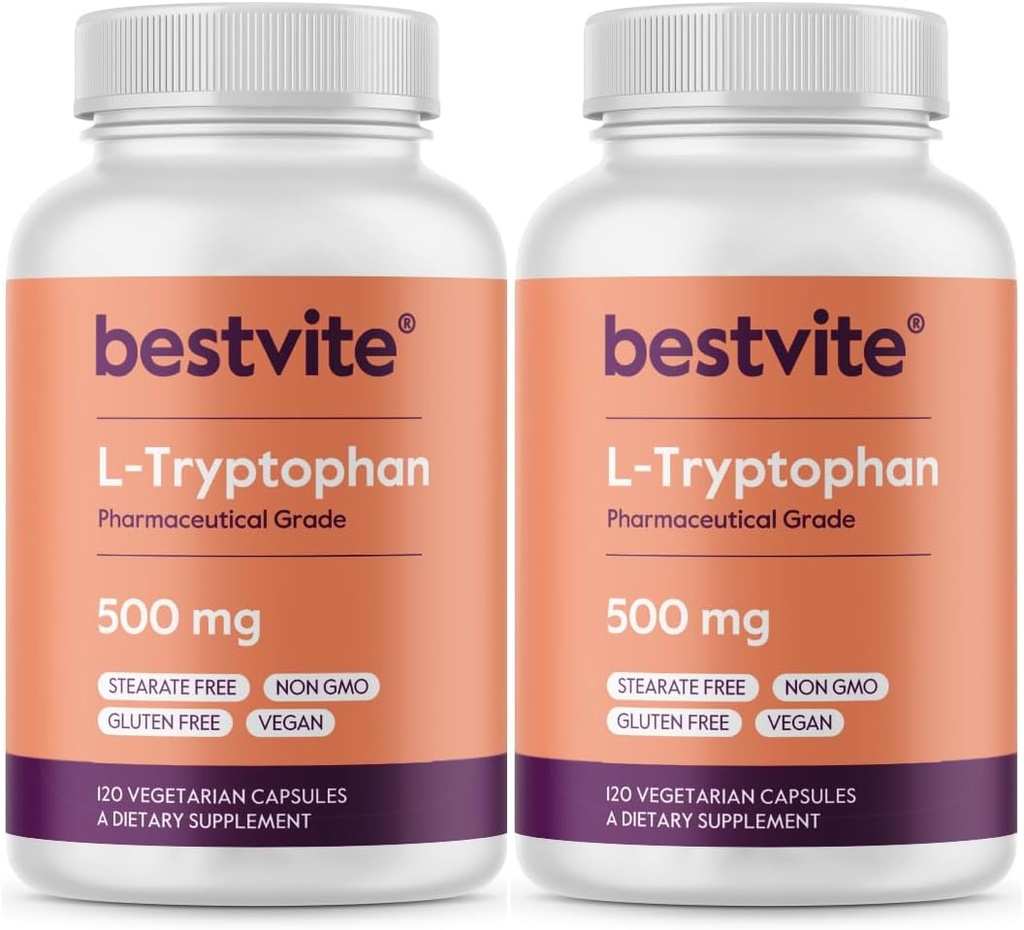 BESTVITE L- Tryptophan 500mg per kapsel (240 Vegetariske kapsler) (2 - Pack) - Ingen stearater - Ingen Silica - Ingen Gelatine - Vegan - Gluten Free - Ikke GMO