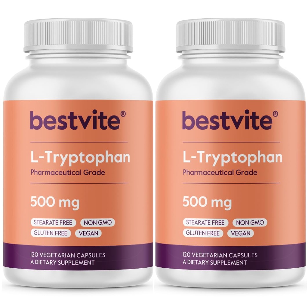 BESTVITE L- Tryptophan 500mg per kapsel (240 Vegetariske kapsler) (2 - Pack) - Ingen stearater - Ingen Silica - Ingen Gelatine - Vegan - Gluten Free - Ikke GMO