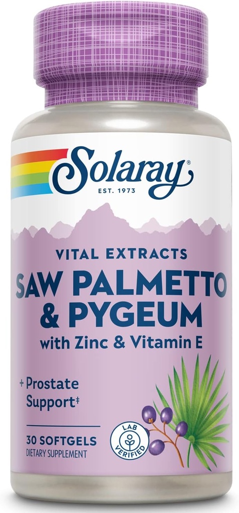 SOLARAY Saw Palmetto og Pygeum - Saw Palmetto til mænd w / Pygeum Bark, Zink, E-vitamin, Græskar Seed Oil - Prostata Kosttilskud til mænd w / Beta sitosterol - 60-dag garanti - 30 Servering, 30 Softgels