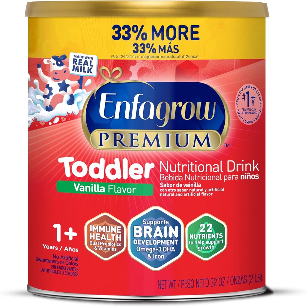 Enfagrow Premium Toddler Nutritional Drink, Natural Vanilla Flavor, Omega-3 DHA for Brain Support, Prebiotika & Vitaminer for immunsundhed, Non- GMO, Powder Can, 32 Oz (pakke med 1
