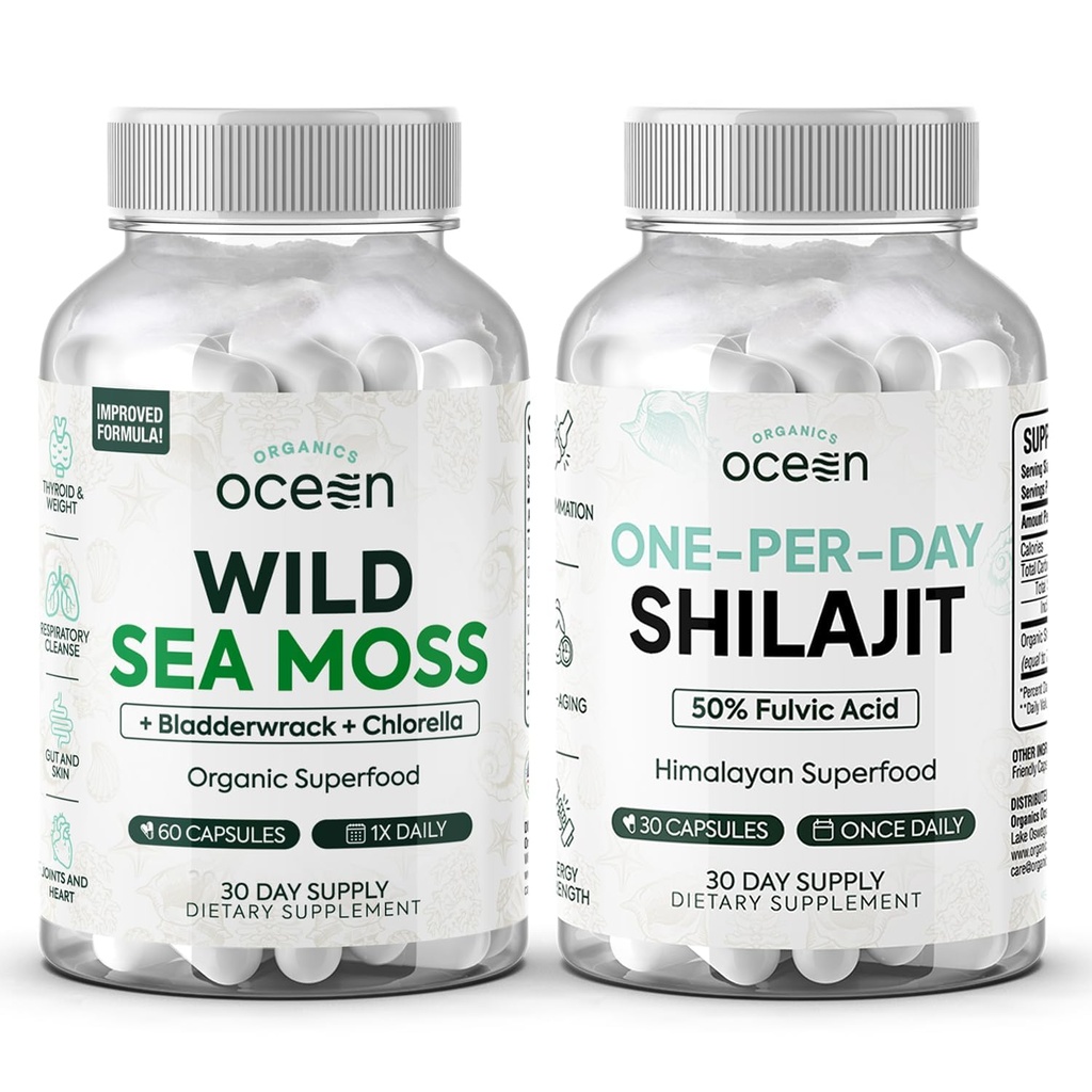 Organics Ocean Wild Sea Moss Capsules and One- per- Day Shilajit for mænd og kvinder - 100% Irish Sea Moss og Pure Shilajit Capsules - Thyroid Support til kvinder og mænd