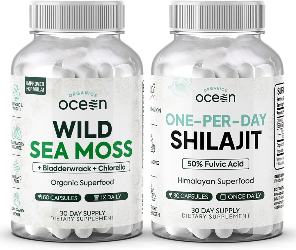 Organics Ocean Wild Sea Moss Capsules and One- per- Day Shilajit for mænd og kvinder - 100% Irish Sea Moss og Pure Shilajit Capsules - Thyroid Support til kvinder og mænd