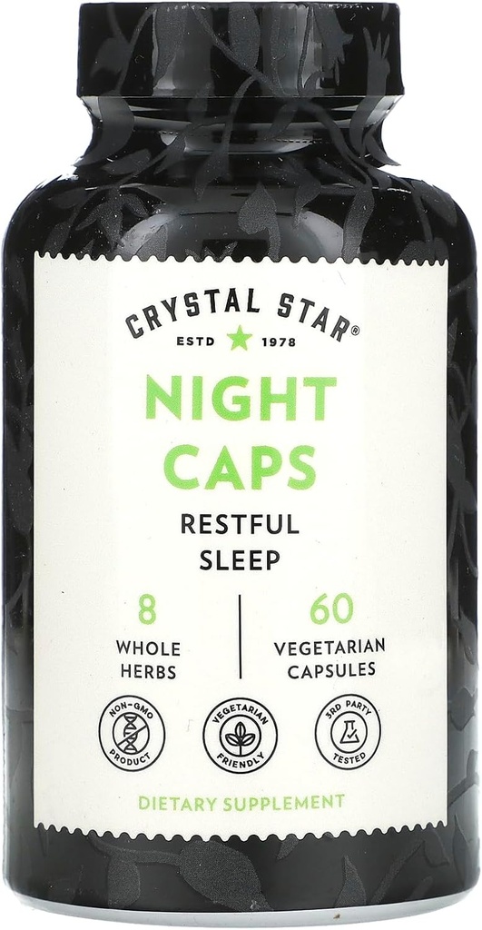Crystal Star Night Caps Natural Sleep Aid Supplement (60 Capsules) – Herbal Non-Habit Forming – Valerian Root, Kava & Passion Flower – Non-GMO