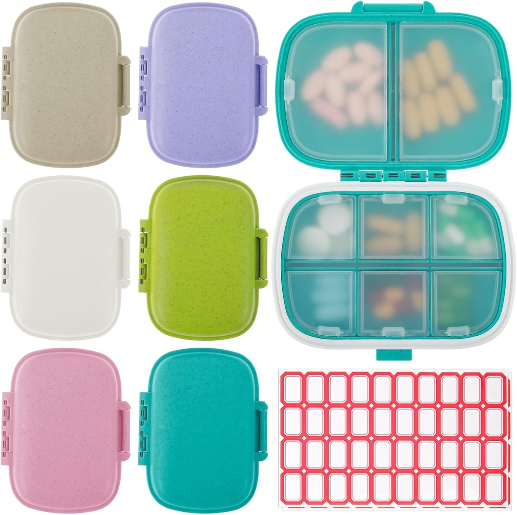 6 Pack Travel Pill Organizer 8 Compartments Portable Pill Case med etiket lille Pill Container til Pocket Purse Medicin Storage Dispenser Vandtæt Vitamin Holder Pill supplement sag