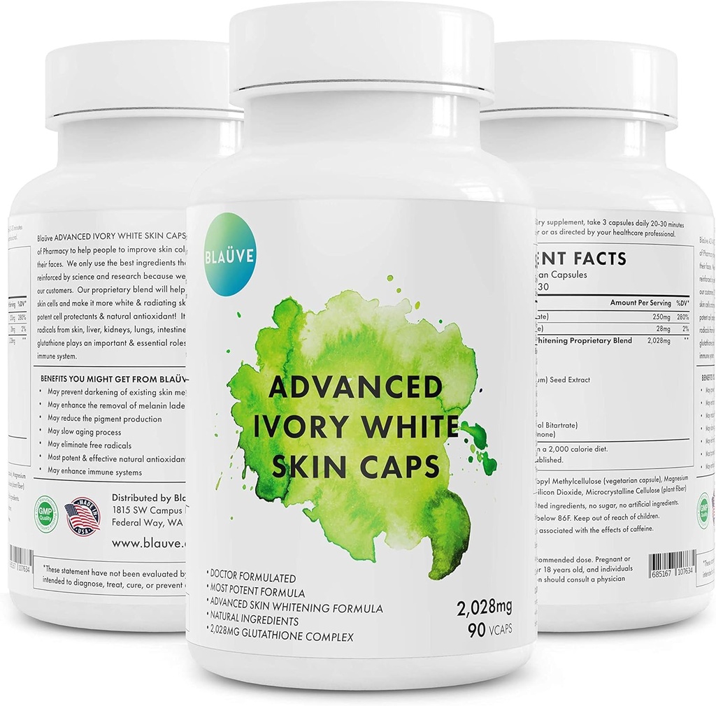 Ivory White Skin Cap- Maximum Potency 2028 mg Glutathion Hudblegning 90 Capsules- GSH - Bedste Whiteners / Lightens din hud Tone- Natural Dark Spot Remover- Doctor Formuleret