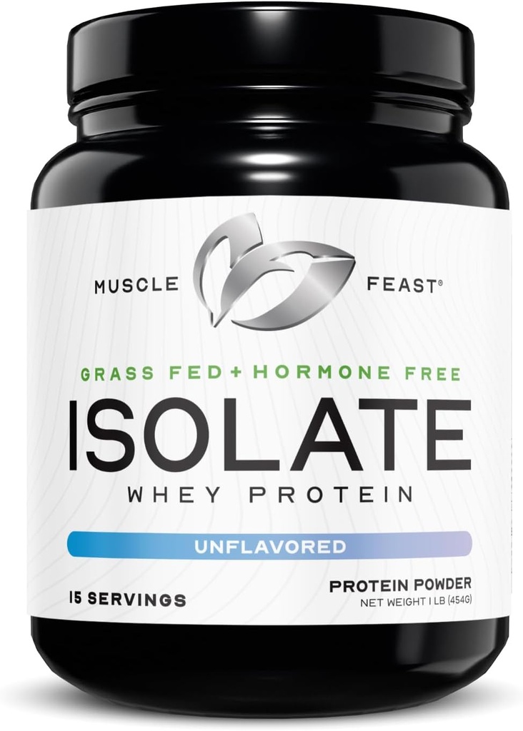 Muskel Feast Grass- Fed Whey Protein Isolate, Alle naturlige Hormone Free Pasture Raised, Whey Isolate Protein Powder for mænd og kvinder, Clean, Non- GMO & Gluten- Free, Isolate Protein - Unflavored, 1lb