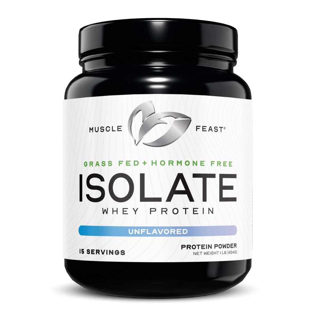 Muskel Feast Grass- Fed Whey Protein Isolate, Alle naturlige Hormone Free Pasture Raised, Whey Isolate Protein Powder for mænd og kvinder, Clean, Non- GMO & Gluten- Free, Isolate Protein - Unflavored, 1lb