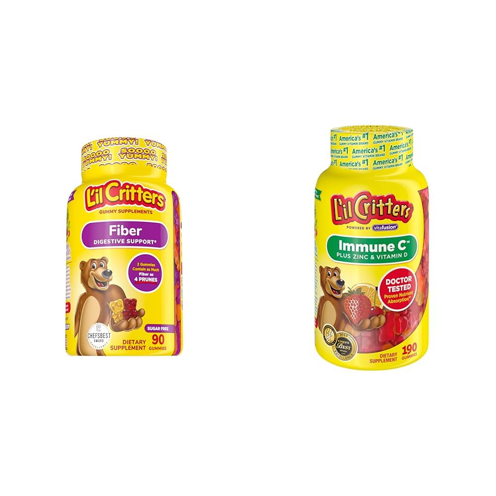 L 'il Critters Fiber Dagligt Gummy supplement til børn, til fordøjelsesstøtte, Berry og Lemon flavors & immunC Dagligt Gummy supplement Vitamin til børn, til vitamin C, D og zink til immunforsvar