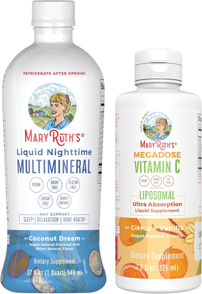 MaryRuth 's Nighttime Multimineral (kokos) & C-vitamin Liposomal (Citrus & Vanilla) - 124; Clean Label Project Verified ® - 124; Supplement til Sengetid & Antioxidant - 124; Vegan, Non- GMO, Gluten Free