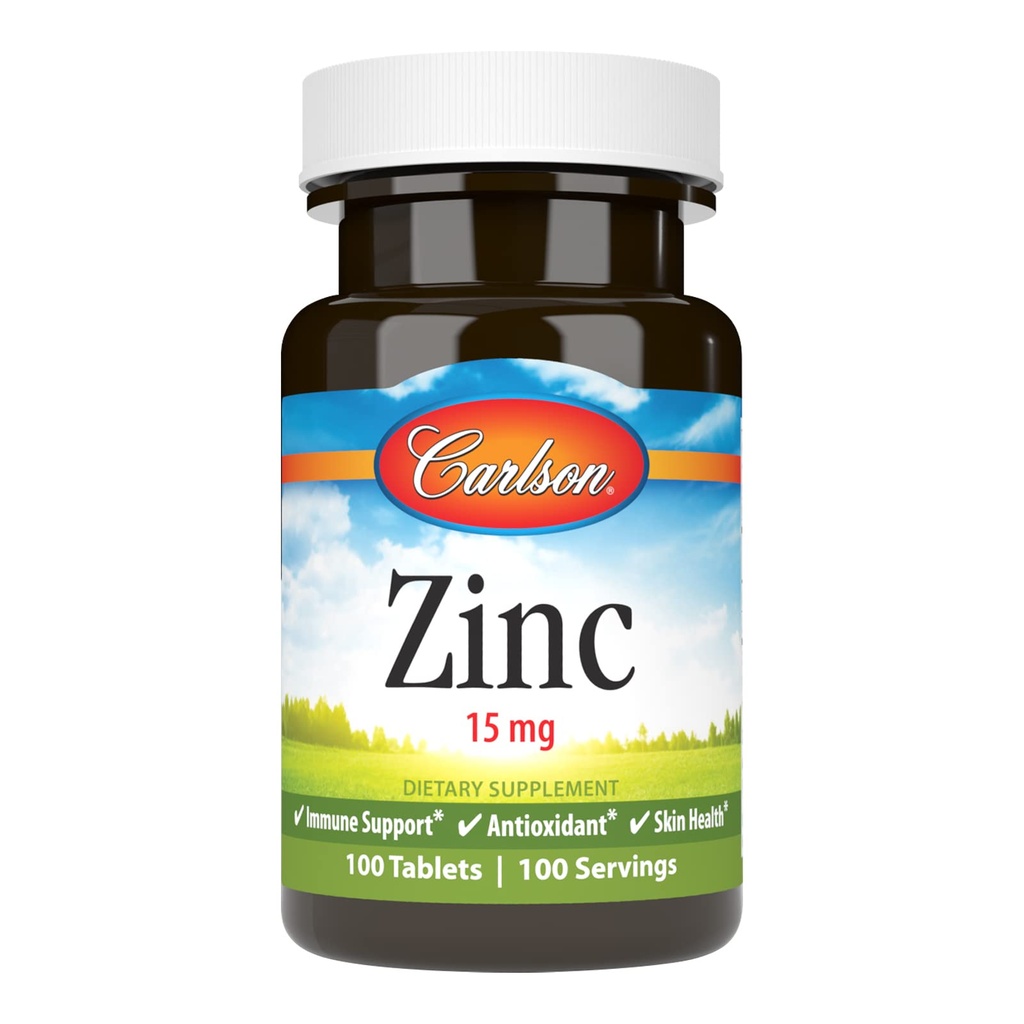 Carlson - Zink, 15 mg, Zinktilskud, Zinkgluconat, immunforsvar og hudhygiejne, zinktabletter, antioxidant, zinkkapsler, 100 tabletter