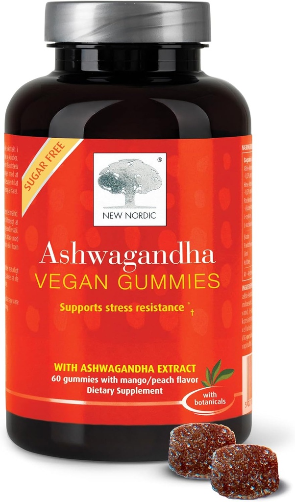 NY NORDIC Ashwagandha Gummies, 300 mg Ashwagandha Root Extract, Sugar Free, Adaptogens for Mænd og Kvinder, Lækker Mango Peach, 60 Gummies