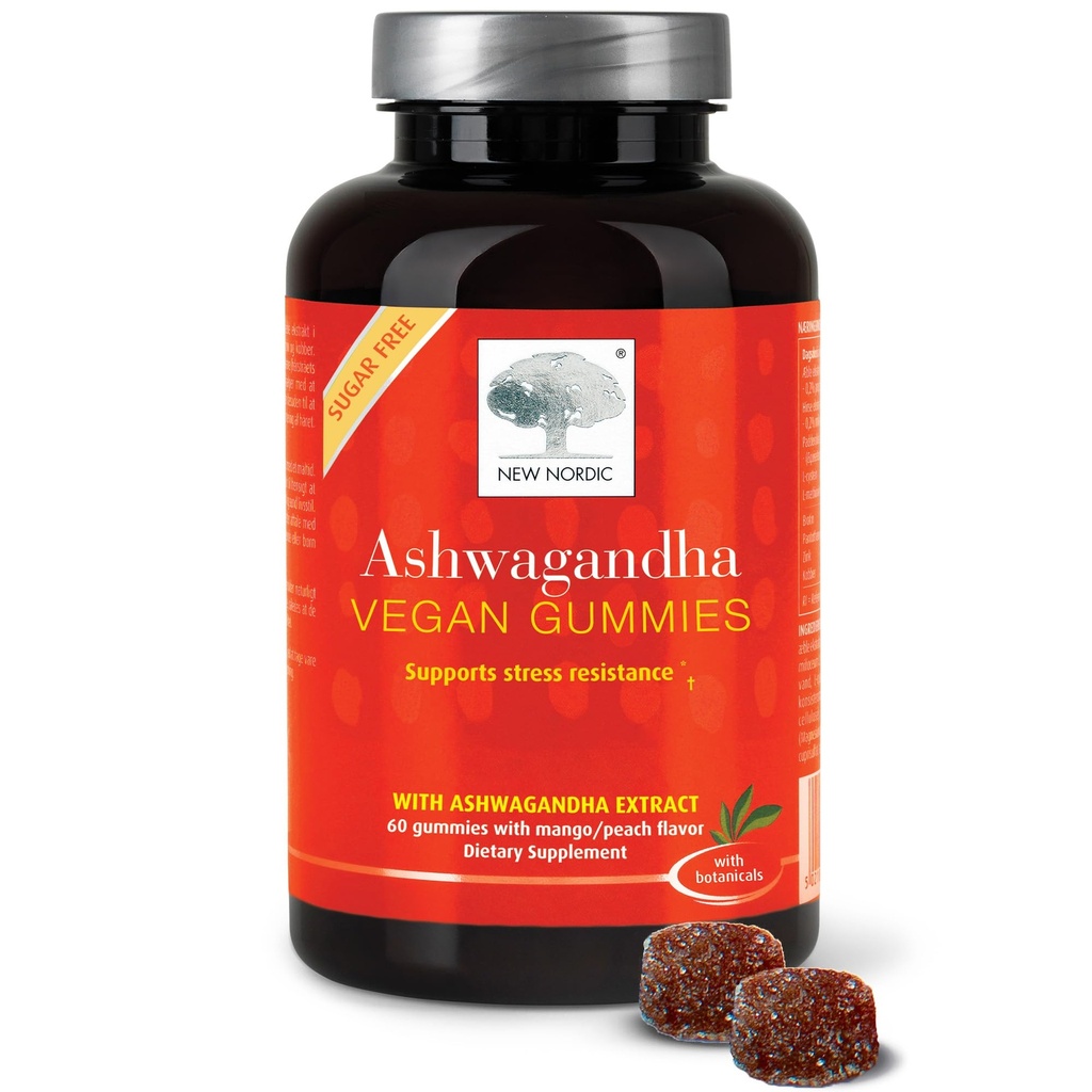 NY NORDIC Ashwagandha Gummies, 300 mg Ashwagandha Root Extract, Sugar Free, Adaptogens for Mænd og Kvinder, Lækker Mango Peach, 60 Gummies