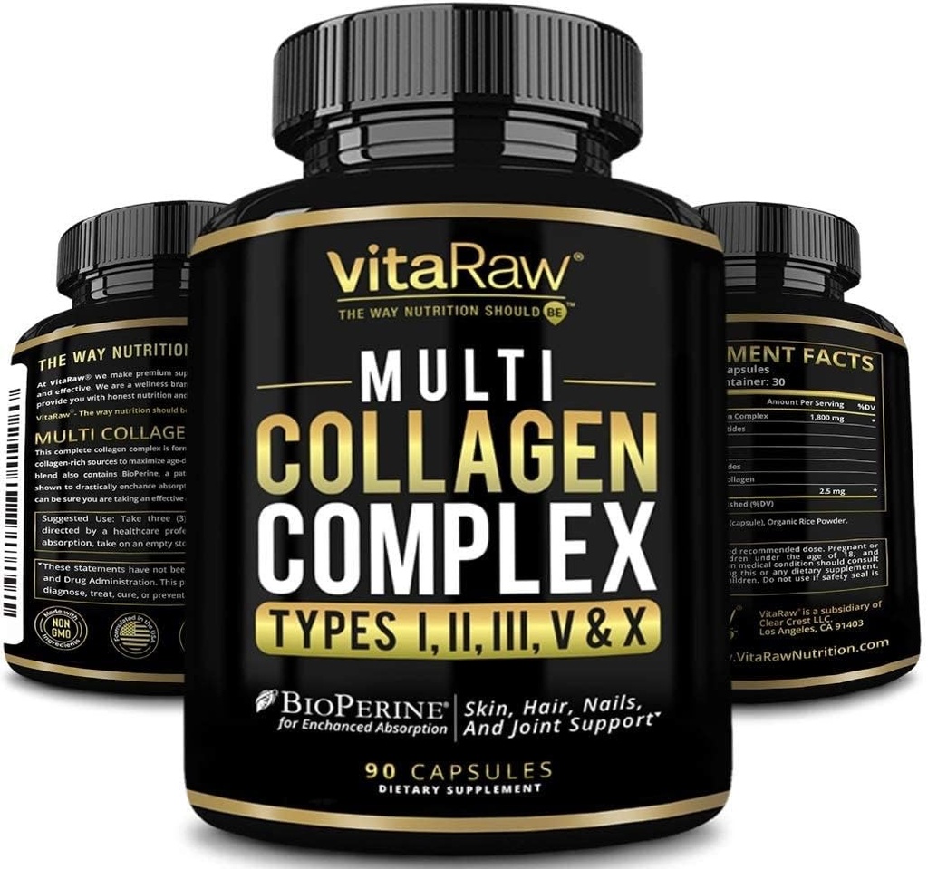 VitaRaw Collagen Pills 1800 mg - Multi Collagen Supplements (Types I, II, III, V & X) Grass Fed Non GMO Collagen Peptides Pills for Hair, Skin and Joints - Hydrolyzed Collagen Protein Powder