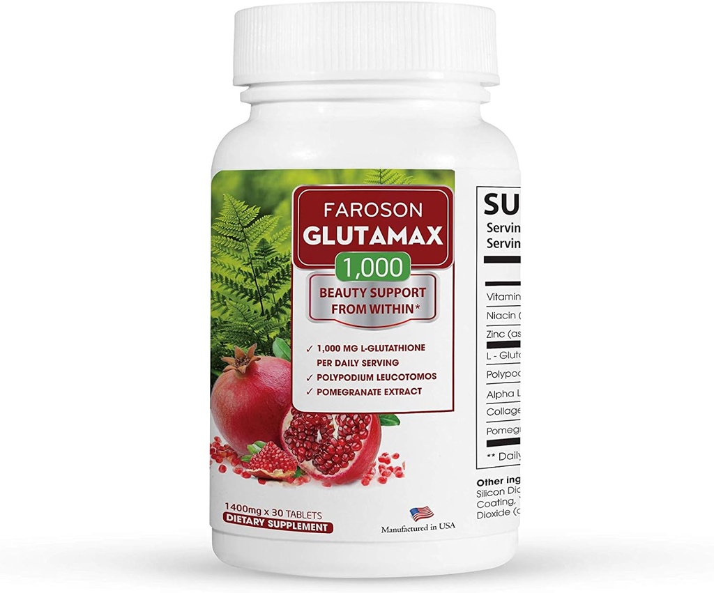 Glutamax Removal 124; Whitening from Indeværende 124; Glutathione 1000mg, Fern & Pomegranate Extract Removal 124; antioxidant Support, Hud Elasticitet, Reducere hudens ældning for kvinder; 30 tabletter Made i USA