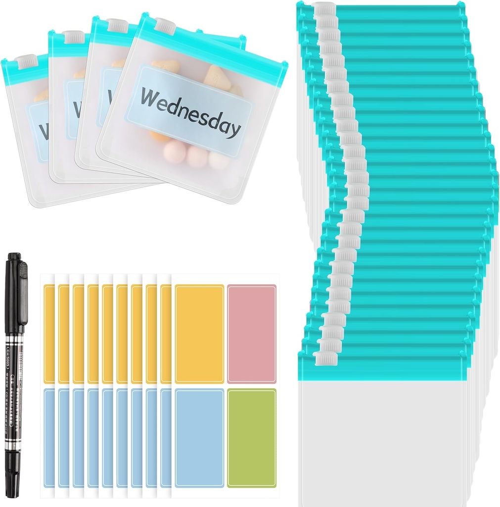 MARFOREVER 39 Pcs Pil Pouch Tasker, Genanvendelig Medicin Tasker Pill Pouches Zipered Medicin Pakker Travel Pill Organizer 28 Pcs Plastic Pill Tasker med Slide Lock 10 Sheets Labels og 1 Pc Marker