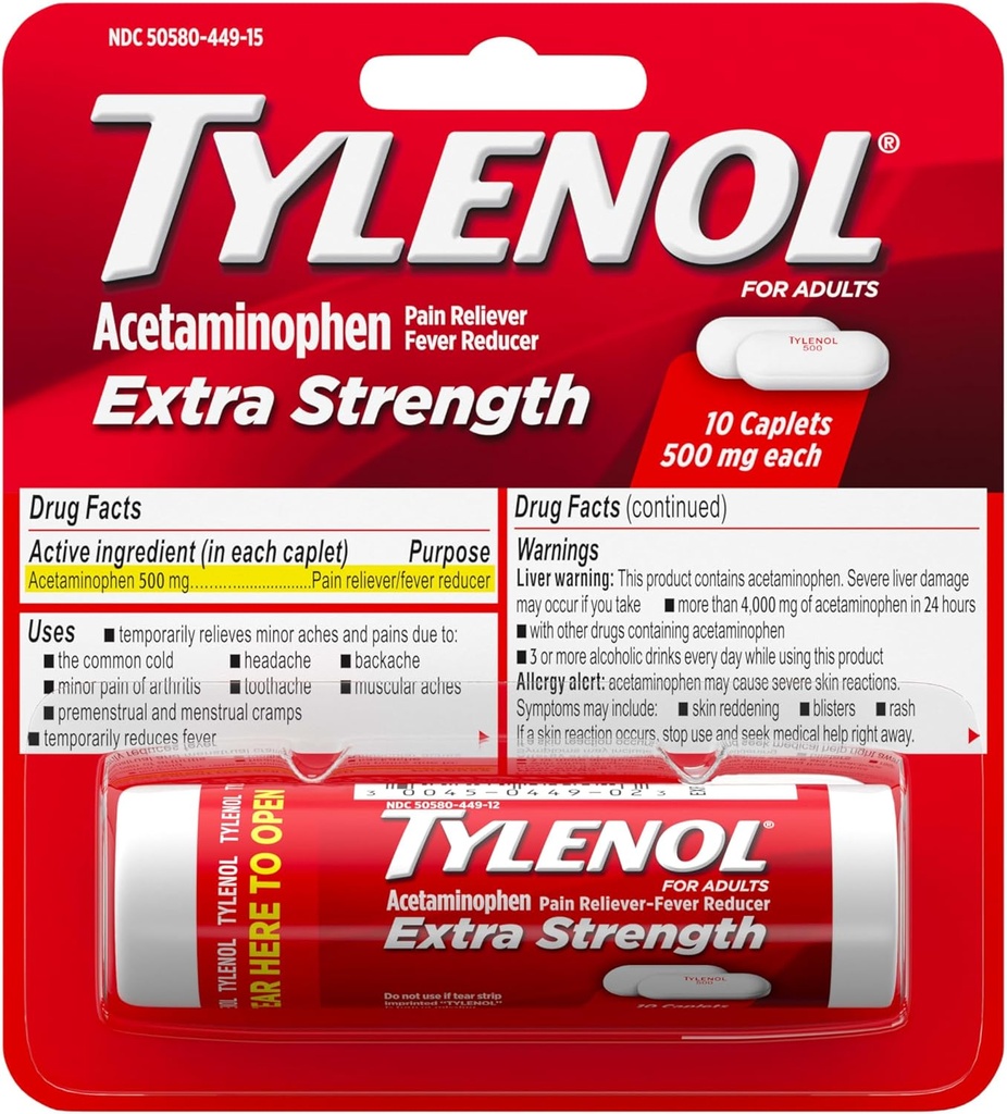 Tylenol Extra Strength 500 mg Acetaminophen Caplets, Pain Reliever &amp; Fever Reducer, Acetaminophen for Minor Arthritis Pain, Headache, Backache &amp; Toothache, Travel Size, 10 ct