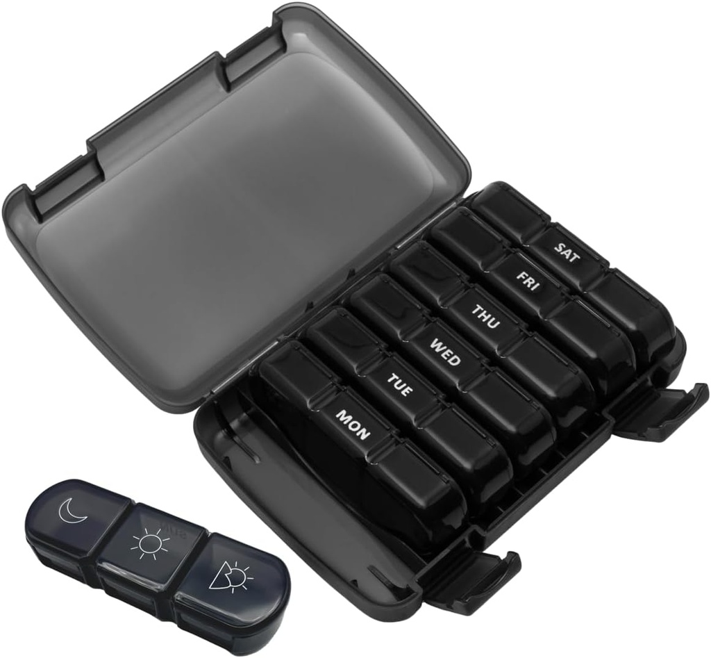 Ezy dosis Weekly (7-dag) Daglig Medtime Pill Organizer Case, Vitamin Planner og Medicine Container, Aftagelige store Pop- Out Individuelle Compartments, 3 gange om dagen, Rejser venligt sort, BPA gratis